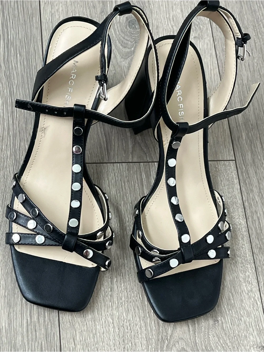 Marc Fisher Black Studded T-Strap Heels